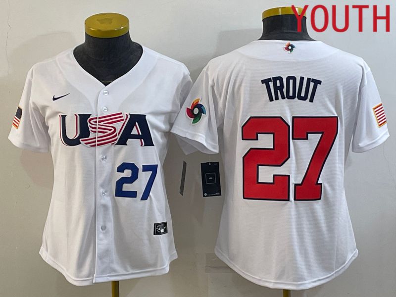 Youth 2023 World Cub USA #27 Trout White MLB Jersey4